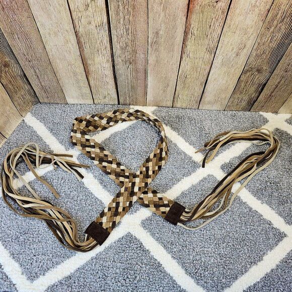 NWT New York & Co Boho Multi Brown Leather Braided Belt with Fringe Size M/L - Picture 1 of 7